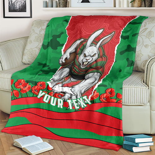 Personalized South Sydney Rabbitohs ANZAC Tribute Blanket Poppy Field Soldier Silhouette Aboriginal Rugby Mascot