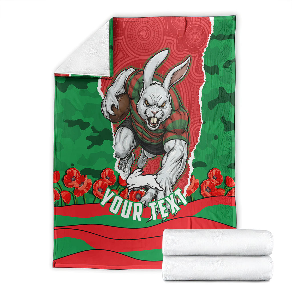 Personalized South Sydney Rabbitohs ANZAC Tribute Blanket Poppy Field Soldier Silhouette Aboriginal Rugby Mascot