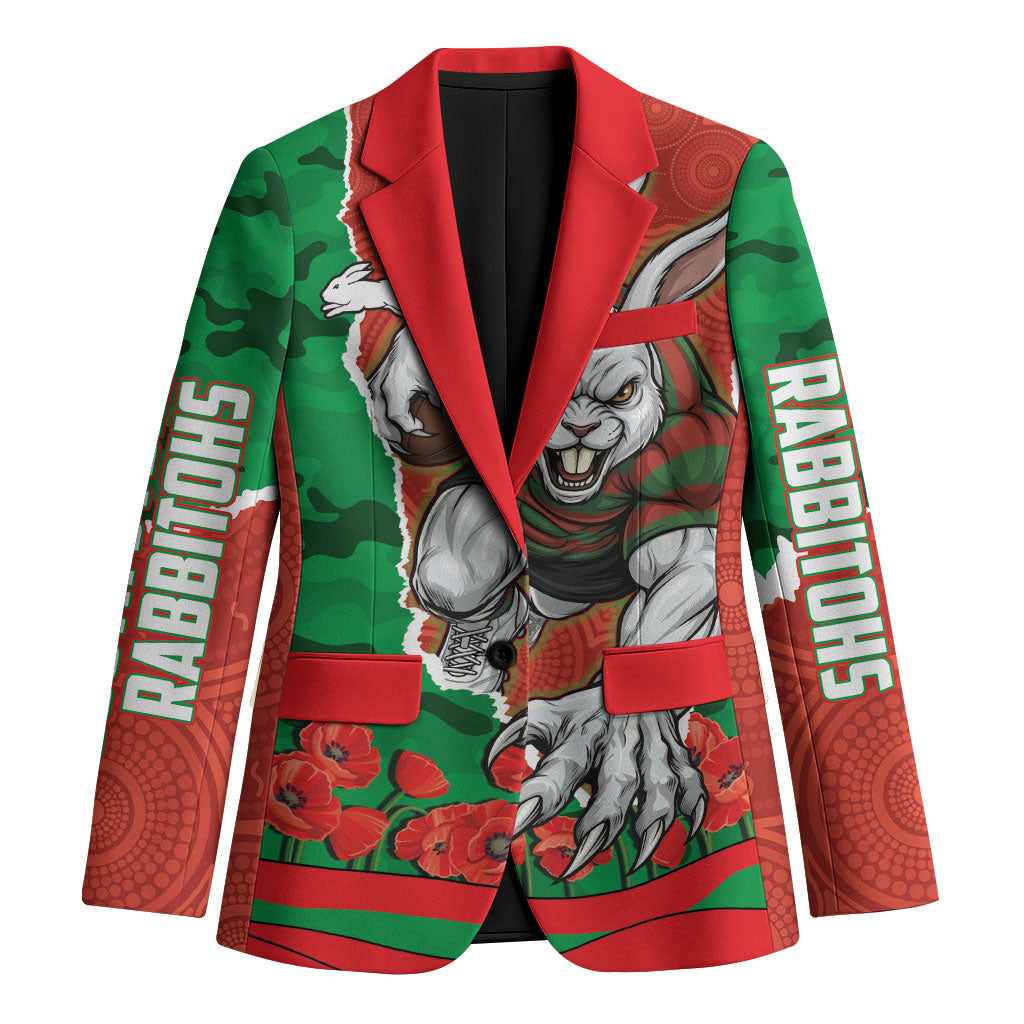Personalized South Sydney Rabbitohs ANZAC Tribute Blazer Poppy Field Soldier Silhouette Aboriginal Rugby Mascot