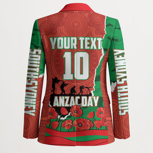Personalized South Sydney Rabbitohs ANZAC Tribute Blazer Poppy Field Soldier Silhouette Aboriginal Rugby Mascot
