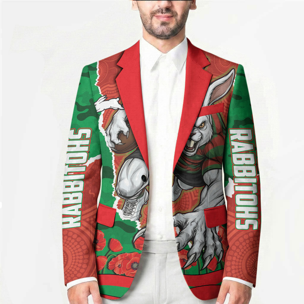 Personalized South Sydney Rabbitohs ANZAC Tribute Blazer Poppy Field Soldier Silhouette Aboriginal Rugby Mascot