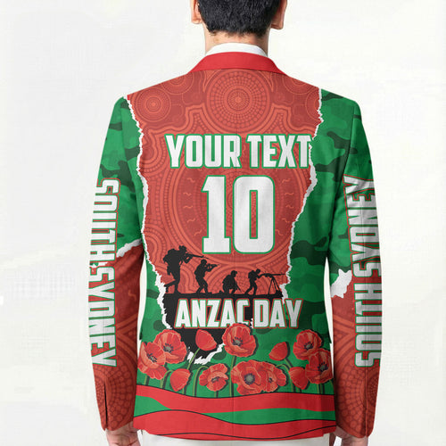 Personalized South Sydney Rabbitohs ANZAC Tribute Blazer Poppy Field Soldier Silhouette Aboriginal Rugby Mascot