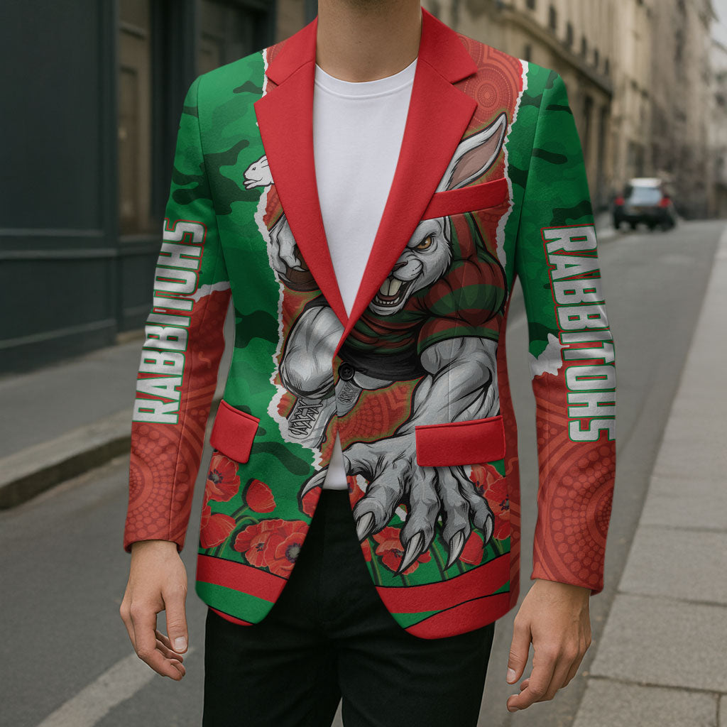 Personalized South Sydney Rabbitohs ANZAC Tribute Blazer Poppy Field Soldier Silhouette Aboriginal Rugby Mascot