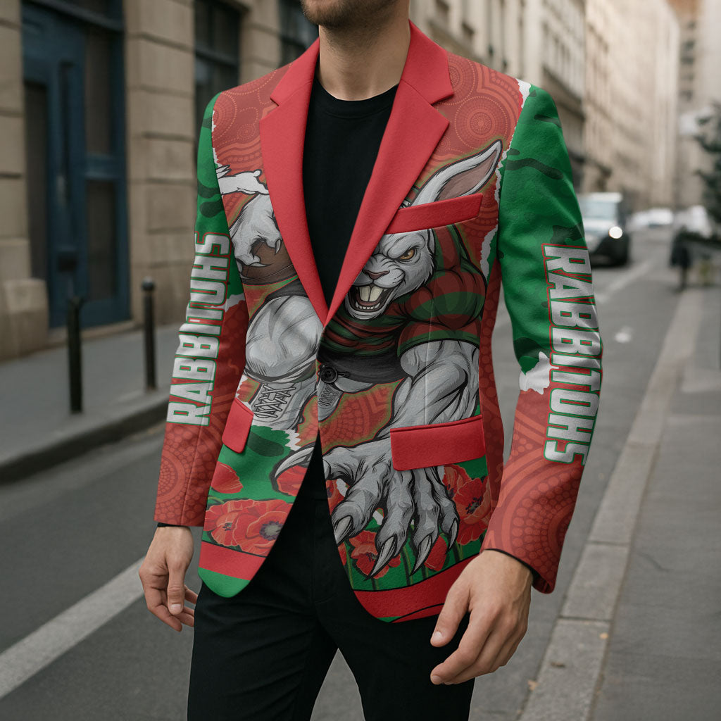 Personalized South Sydney Rabbitohs ANZAC Tribute Blazer Poppy Field Soldier Silhouette Aboriginal Rugby Mascot