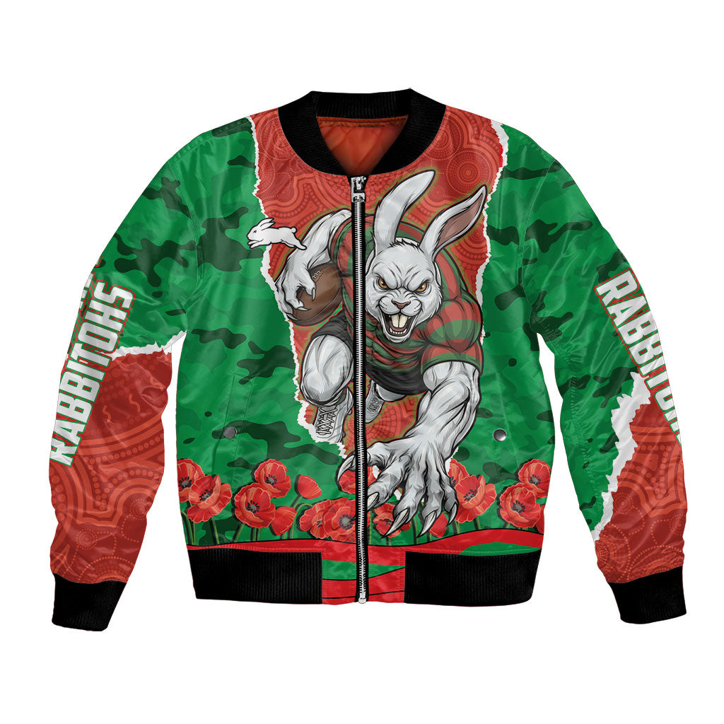 Personalized South Sydney Rabbitohs ANZAC Tribute Bomber Jacket Poppy Field Soldier Silhouette Aboriginal Rugby Mascot