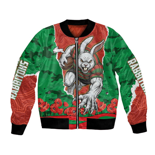 Personalized South Sydney Rabbitohs ANZAC Tribute Bomber Jacket Poppy Field Soldier Silhouette Aboriginal Rugby Mascot