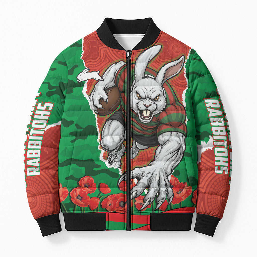 Personalized South Sydney Rabbitohs ANZAC Tribute Bomber Puffer Jacket Poppy Field Soldier Silhouette Aboriginal Rugby Mascot