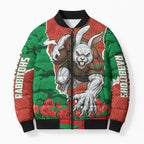 Personalized South Sydney Rabbitohs ANZAC Tribute Bomber Puffer Jacket Poppy Field Soldier Silhouette Aboriginal Rugby Mascot