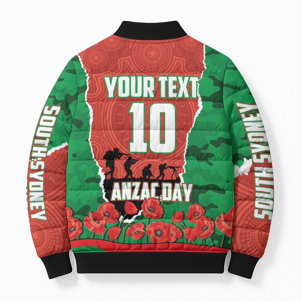 Personalized South Sydney Rabbitohs ANZAC Tribute Bomber Puffer Jacket Poppy Field Soldier Silhouette Aboriginal Rugby Mascot