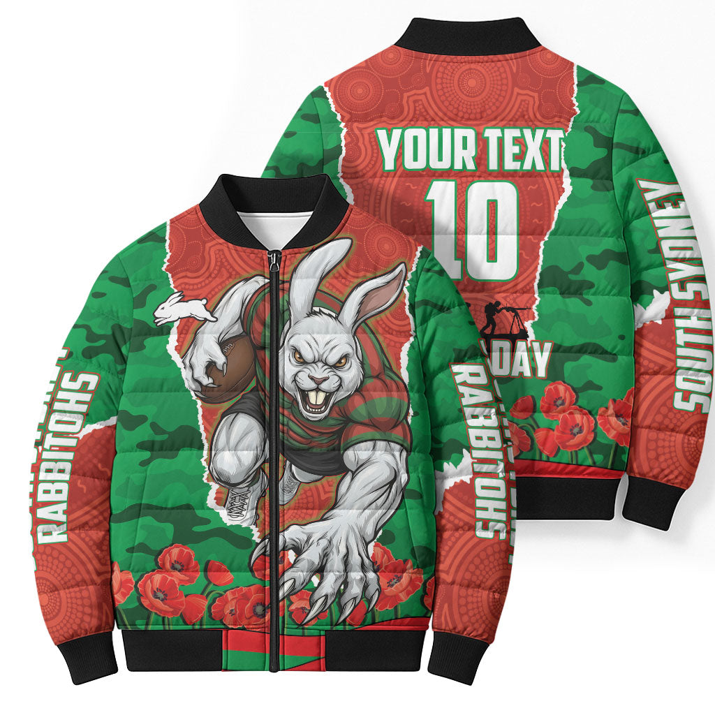 Personalized South Sydney Rabbitohs ANZAC Tribute Bomber Puffer Jacket Poppy Field Soldier Silhouette Aboriginal Rugby Mascot