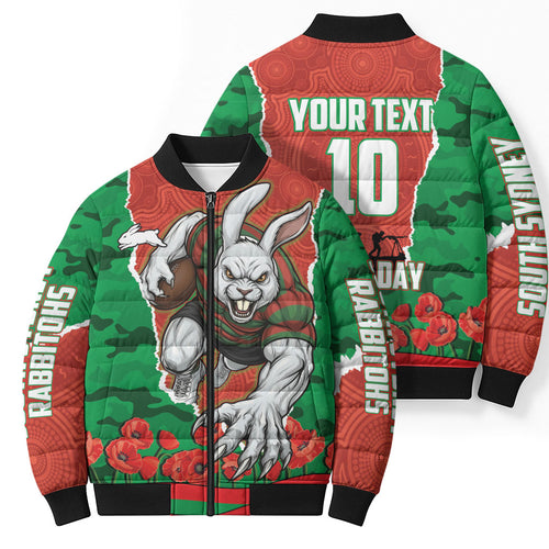Personalized South Sydney Rabbitohs ANZAC Tribute Bomber Puffer Jacket Poppy Field Soldier Silhouette Aboriginal Rugby Mascot