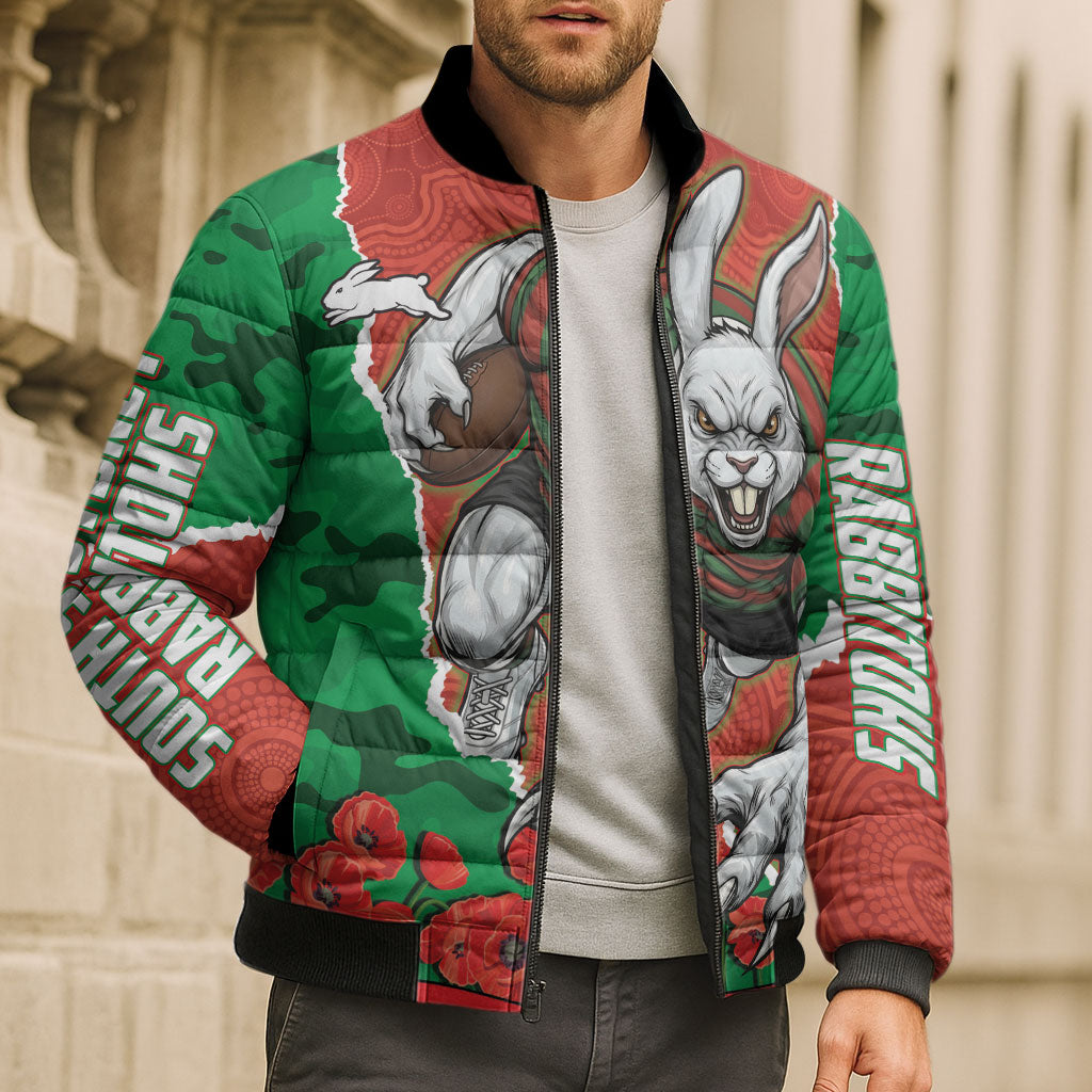 Personalized South Sydney Rabbitohs ANZAC Tribute Bomber Puffer Jacket Poppy Field Soldier Silhouette Aboriginal Rugby Mascot
