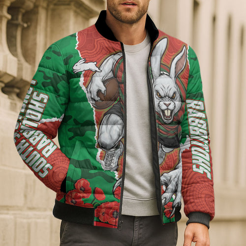 Personalized South Sydney Rabbitohs ANZAC Tribute Bomber Puffer Jacket Poppy Field Soldier Silhouette Aboriginal Rugby Mascot