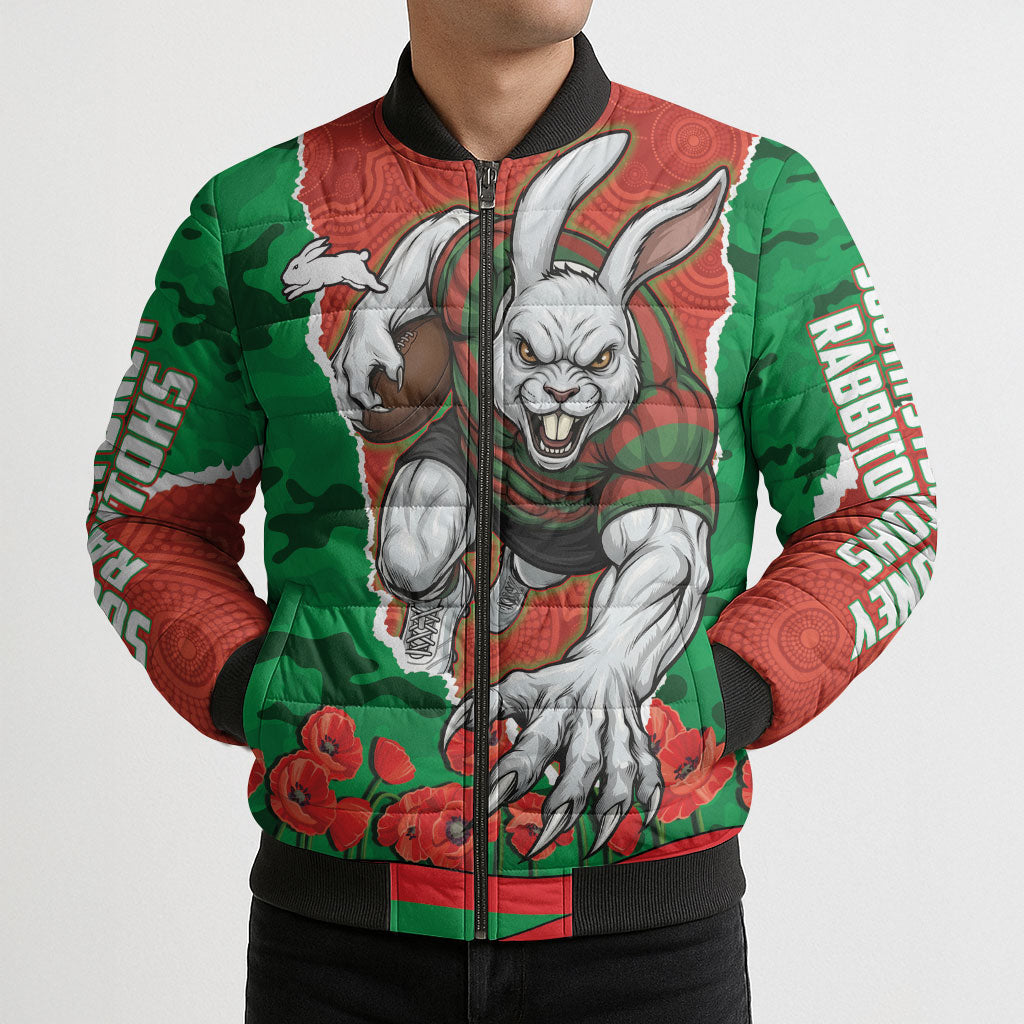 Personalized South Sydney Rabbitohs ANZAC Tribute Bomber Puffer Jacket Poppy Field Soldier Silhouette Aboriginal Rugby Mascot