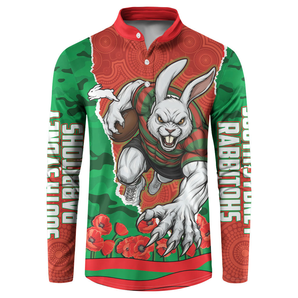 Personalized South Sydney Rabbitohs ANZAC Tribute Button Sweatshirt Poppy Field Soldier Silhouette Aboriginal Rugby Mascot