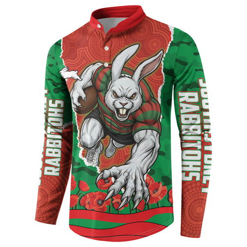 Personalized South Sydney Rabbitohs ANZAC Tribute Button Sweatshirt Poppy Field Soldier Silhouette Aboriginal Rugby Mascot