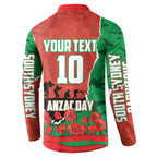 Personalized South Sydney Rabbitohs ANZAC Tribute Button Sweatshirt Poppy Field Soldier Silhouette Aboriginal Rugby Mascot