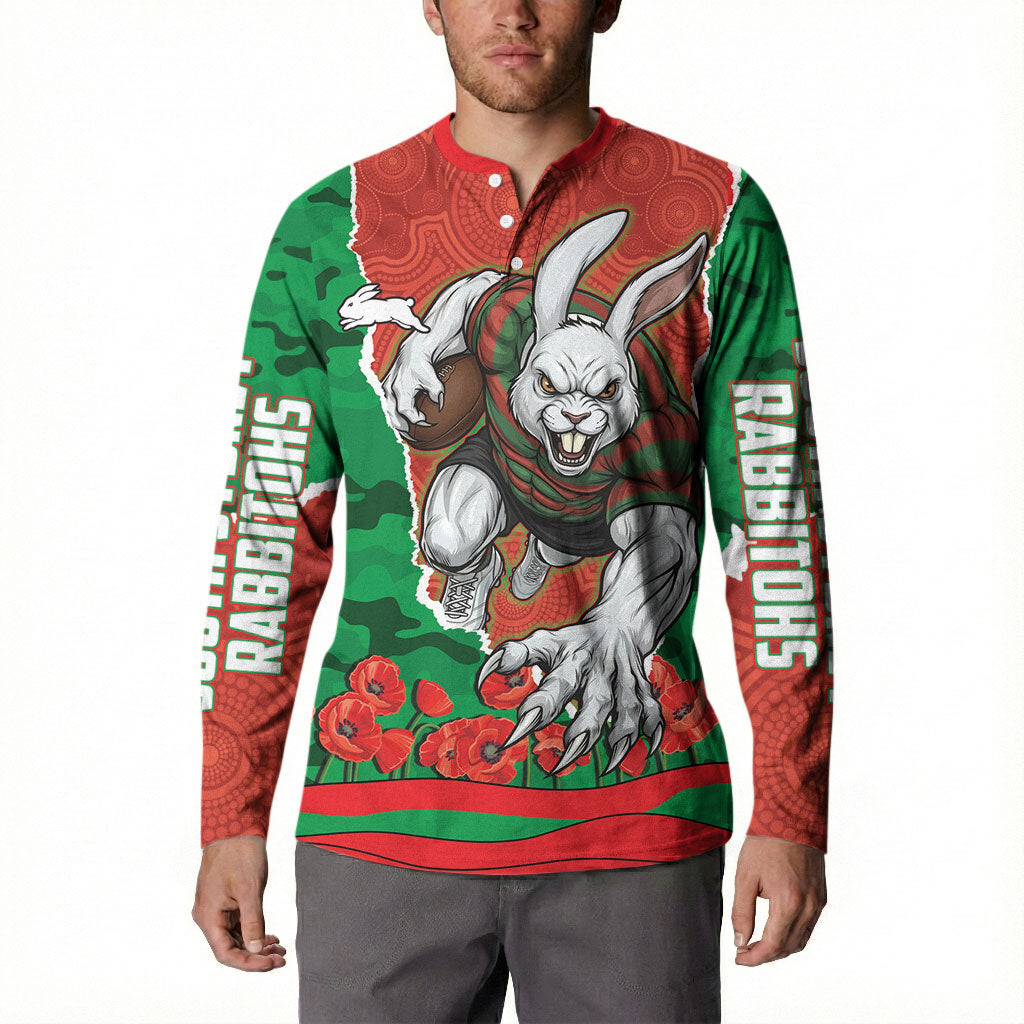 Personalized South Sydney Rabbitohs ANZAC Tribute Button Sweatshirt Poppy Field Soldier Silhouette Aboriginal Rugby Mascot