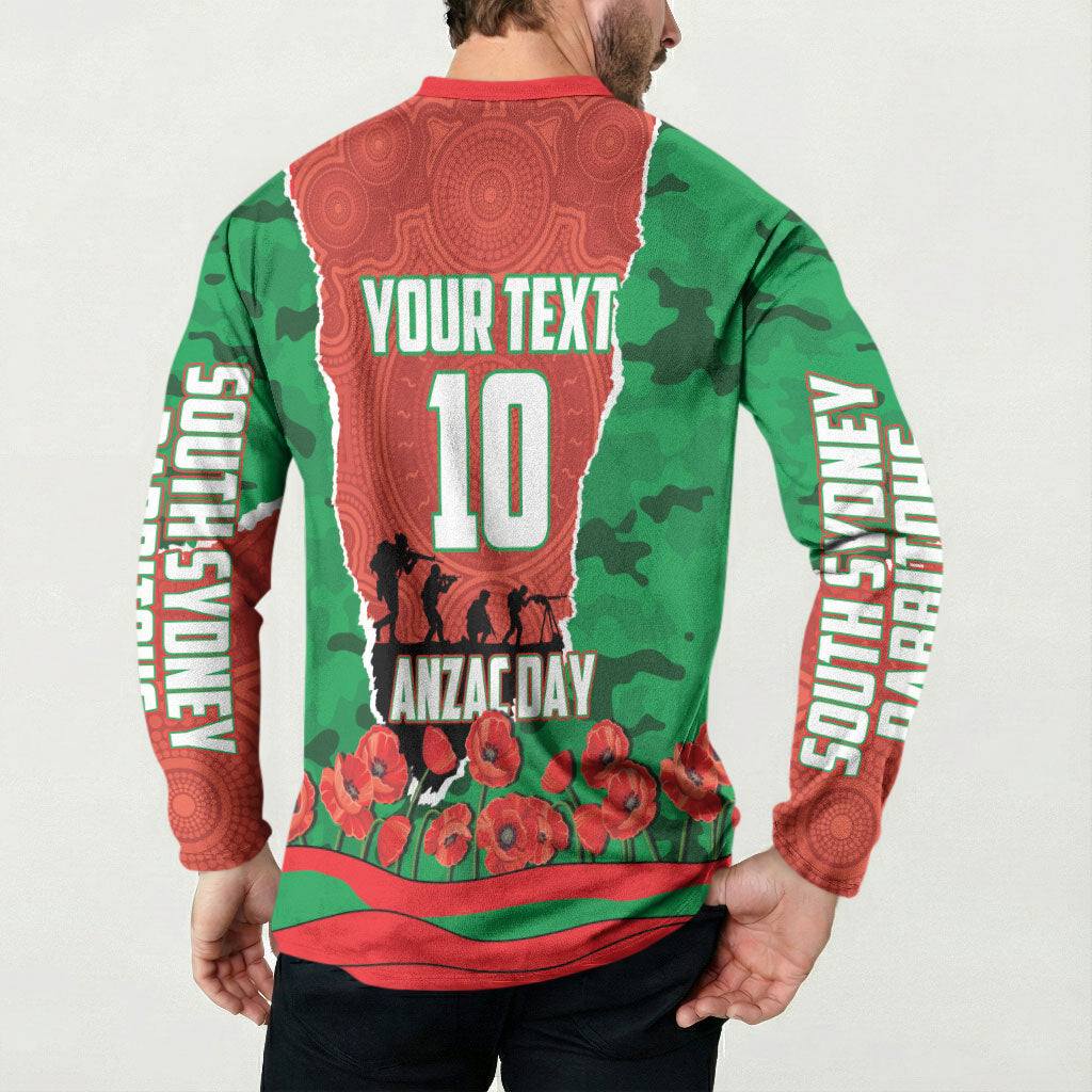 Personalized South Sydney Rabbitohs ANZAC Tribute Button Sweatshirt Poppy Field Soldier Silhouette Aboriginal Rugby Mascot