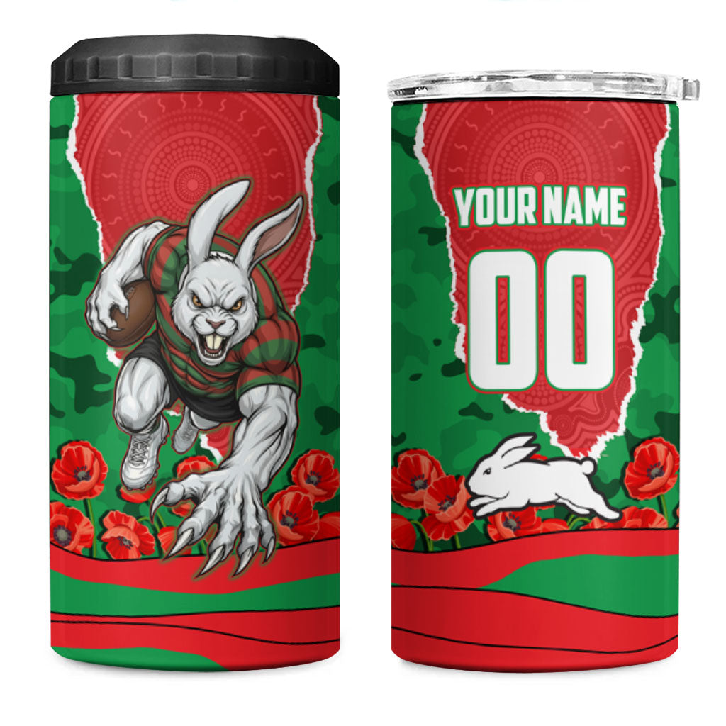 Personalized South Sydney Rabbitohs ANZAC Tribute 4 in 1 Can Cooler Tumbler Poppy Field Soldier Silhouette Aboriginal Rugby Mascot
