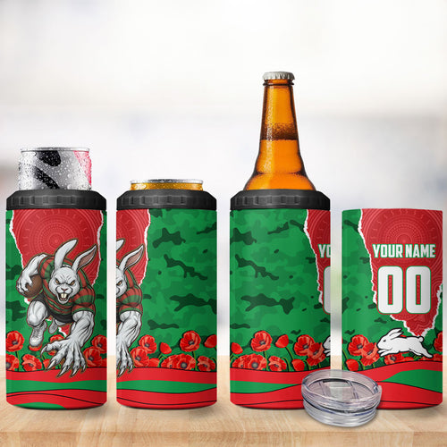 Personalized South Sydney Rabbitohs ANZAC Tribute 4 in 1 Can Cooler Tumbler Poppy Field Soldier Silhouette Aboriginal Rugby Mascot