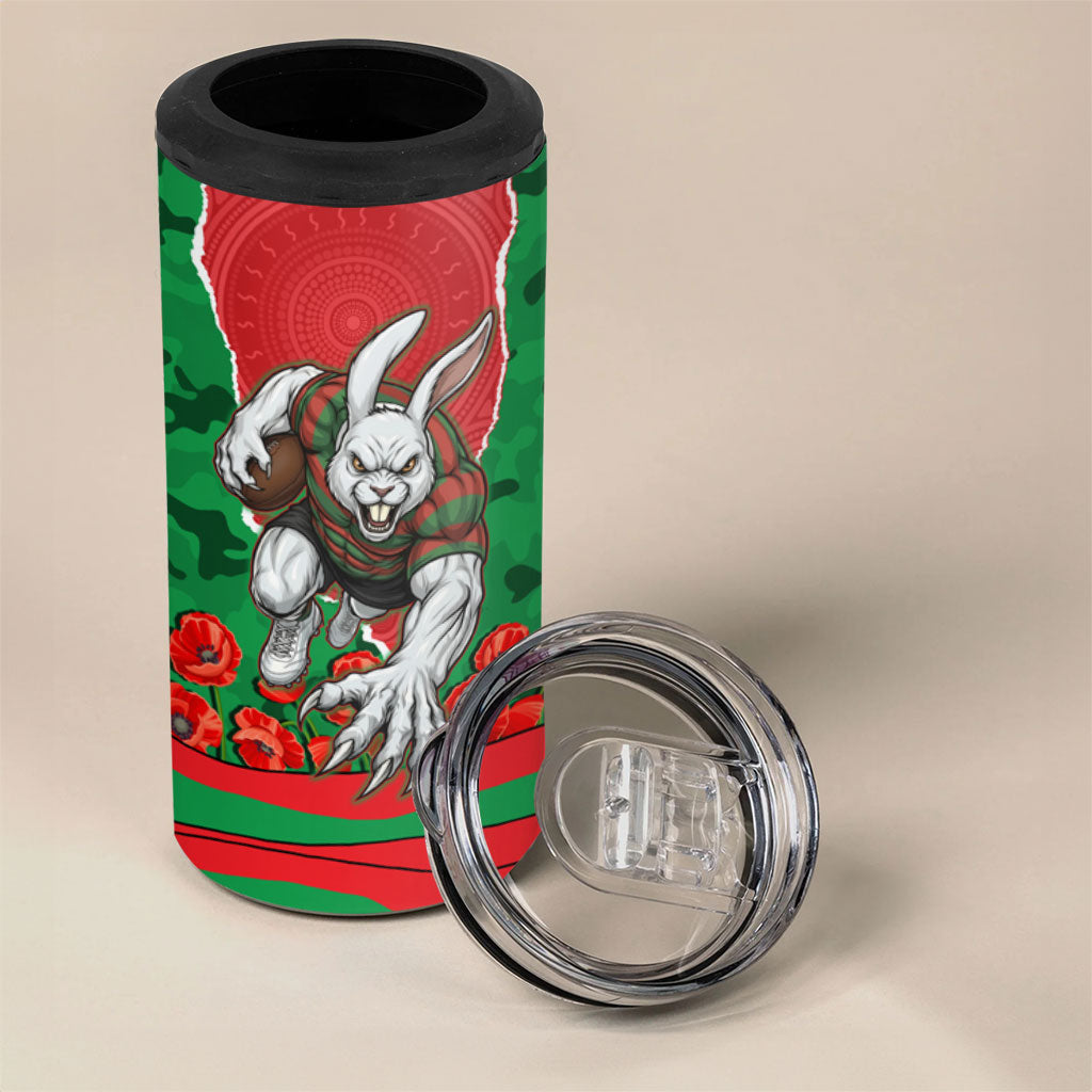 Personalized South Sydney Rabbitohs ANZAC Tribute 4 in 1 Can Cooler Tumbler Poppy Field Soldier Silhouette Aboriginal Rugby Mascot