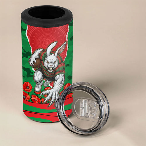 Personalized South Sydney Rabbitohs ANZAC Tribute 4 in 1 Can Cooler Tumbler Poppy Field Soldier Silhouette Aboriginal Rugby Mascot
