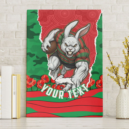 Personalized South Sydney Rabbitohs ANZAC Tribute Canvas Wall Art Poppy Field Soldier Silhouette Aboriginal Rugby Mascot