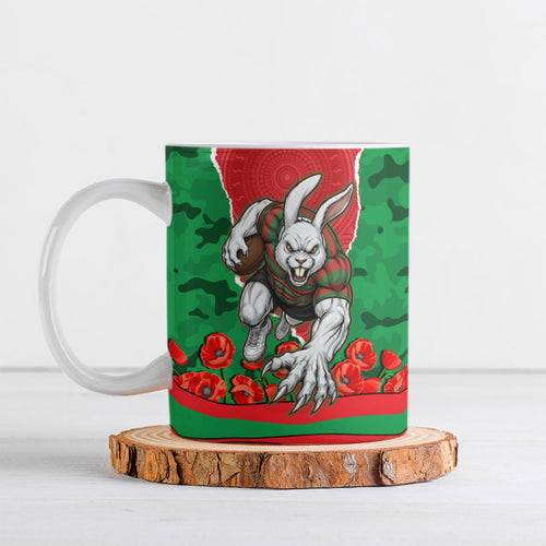 Personalized South Sydney Rabbitohs ANZAC Tribute Ceramic Mug Poppy Field Soldier Silhouette Aboriginal Rugby Mascot