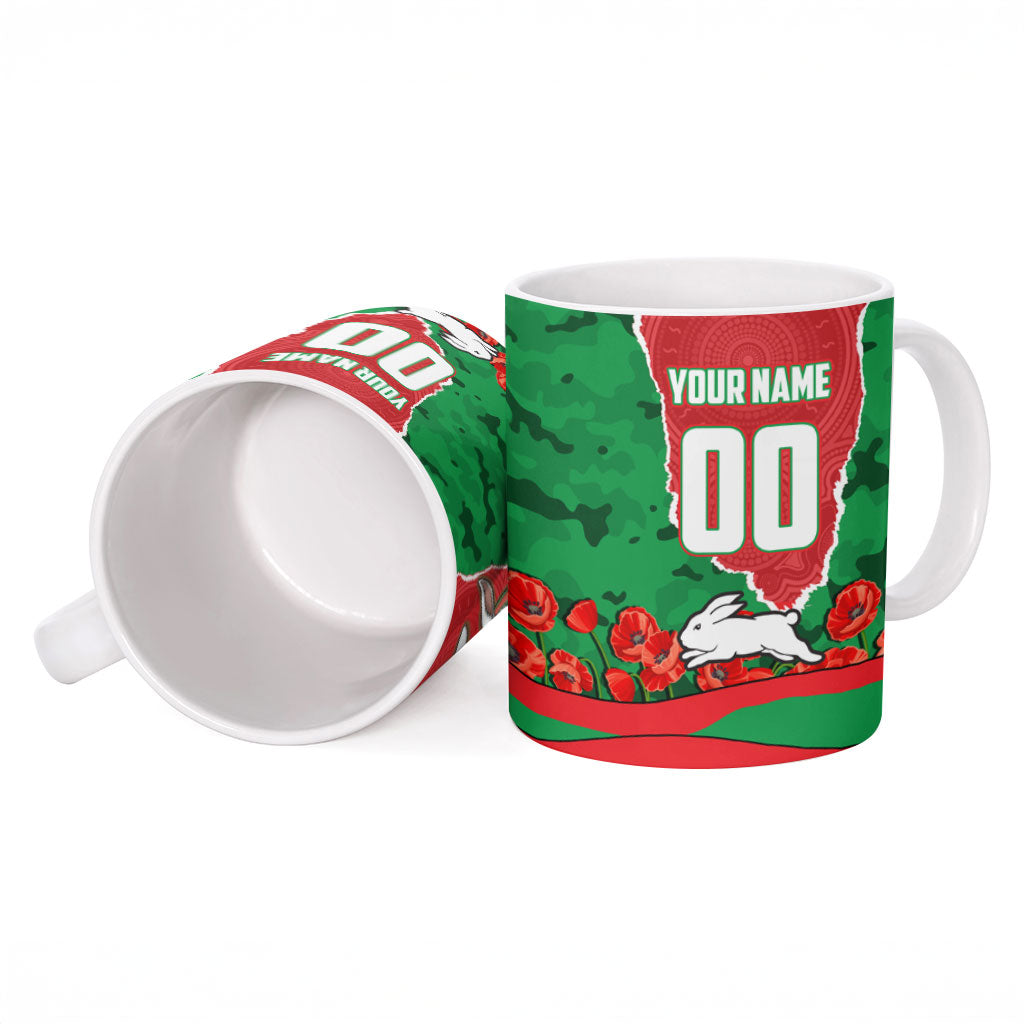 Personalized South Sydney Rabbitohs ANZAC Tribute Ceramic Mug Poppy Field Soldier Silhouette Aboriginal Rugby Mascot
