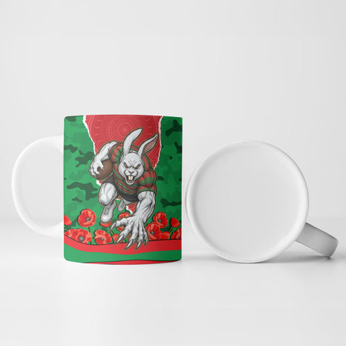 Personalized South Sydney Rabbitohs ANZAC Tribute Ceramic Mug Poppy Field Soldier Silhouette Aboriginal Rugby Mascot