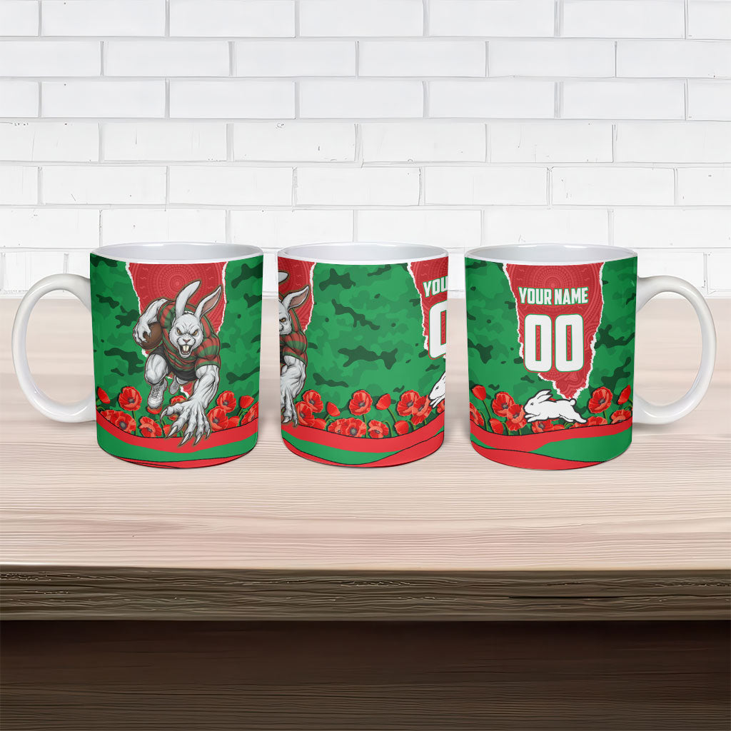 Personalized South Sydney Rabbitohs ANZAC Tribute Ceramic Mug Poppy Field Soldier Silhouette Aboriginal Rugby Mascot