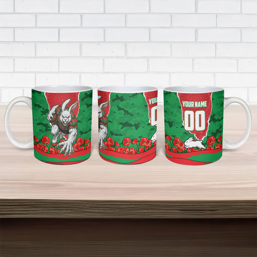 Personalized South Sydney Rabbitohs ANZAC Tribute Ceramic Mug Poppy Field Soldier Silhouette Aboriginal Rugby Mascot