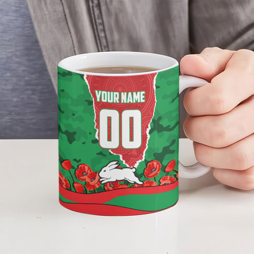 Personalized South Sydney Rabbitohs ANZAC Tribute Ceramic Mug Poppy Field Soldier Silhouette Aboriginal Rugby Mascot