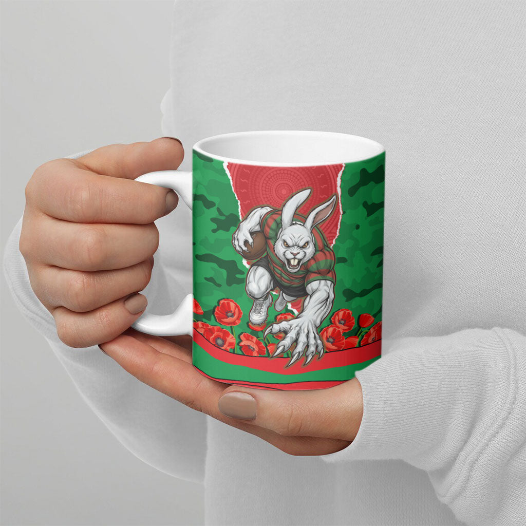 Personalized South Sydney Rabbitohs ANZAC Tribute Ceramic Mug Poppy Field Soldier Silhouette Aboriginal Rugby Mascot