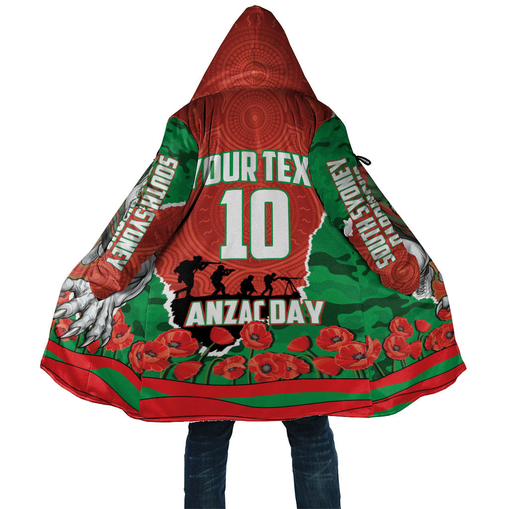 Personalized South Sydney Rabbitohs ANZAC Tribute Cloak Poppy Field Soldier Silhouette Aboriginal Rugby Mascot