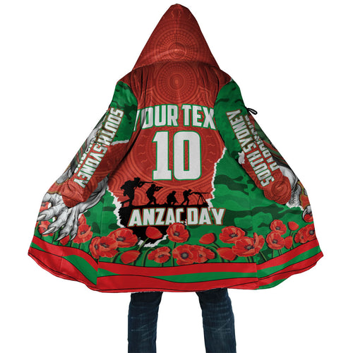 Personalized South Sydney Rabbitohs ANZAC Tribute Cloak Poppy Field Soldier Silhouette Aboriginal Rugby Mascot