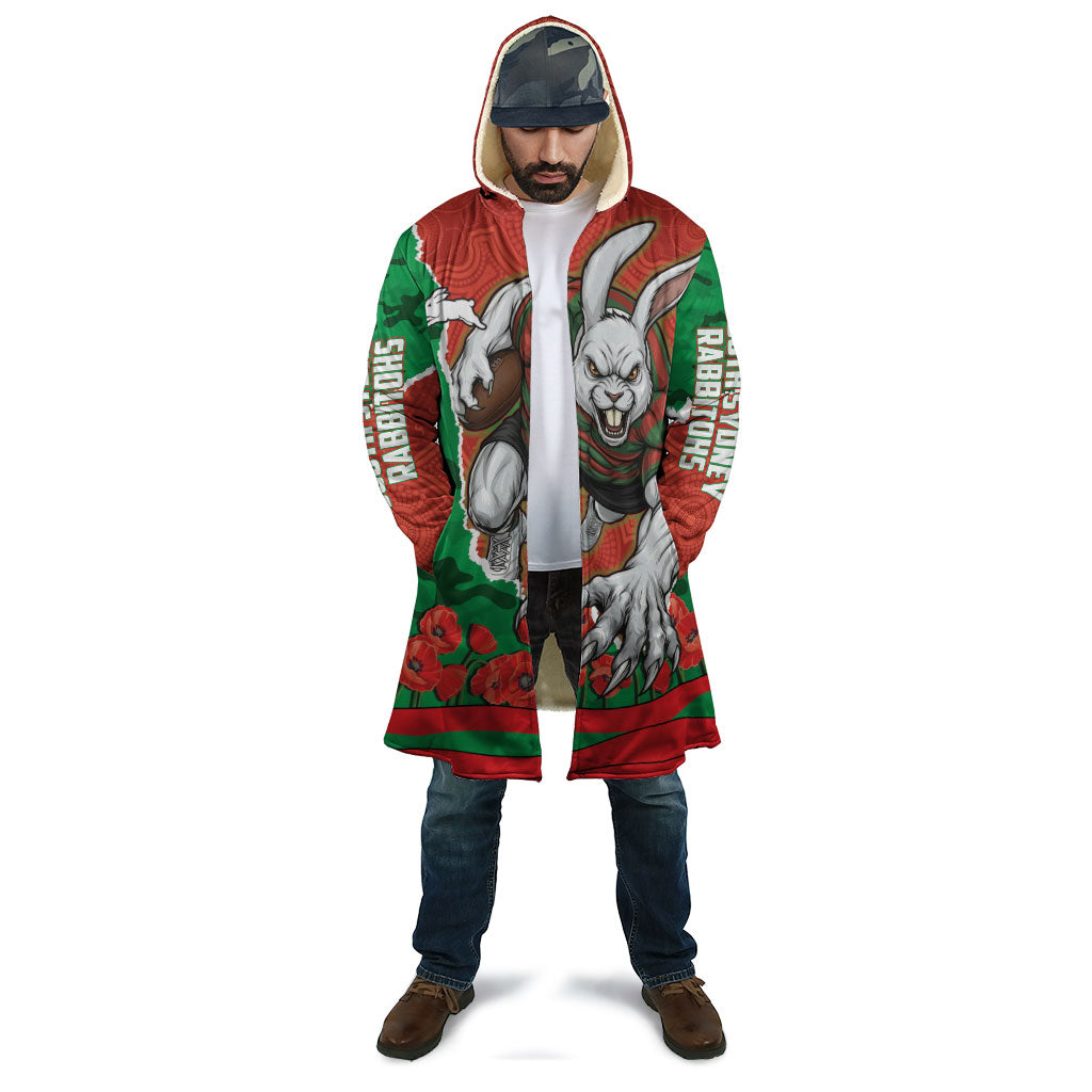 Personalized South Sydney Rabbitohs ANZAC Tribute Cloak Poppy Field Soldier Silhouette Aboriginal Rugby Mascot