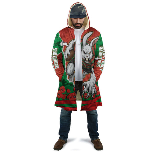 Personalized South Sydney Rabbitohs ANZAC Tribute Cloak Poppy Field Soldier Silhouette Aboriginal Rugby Mascot