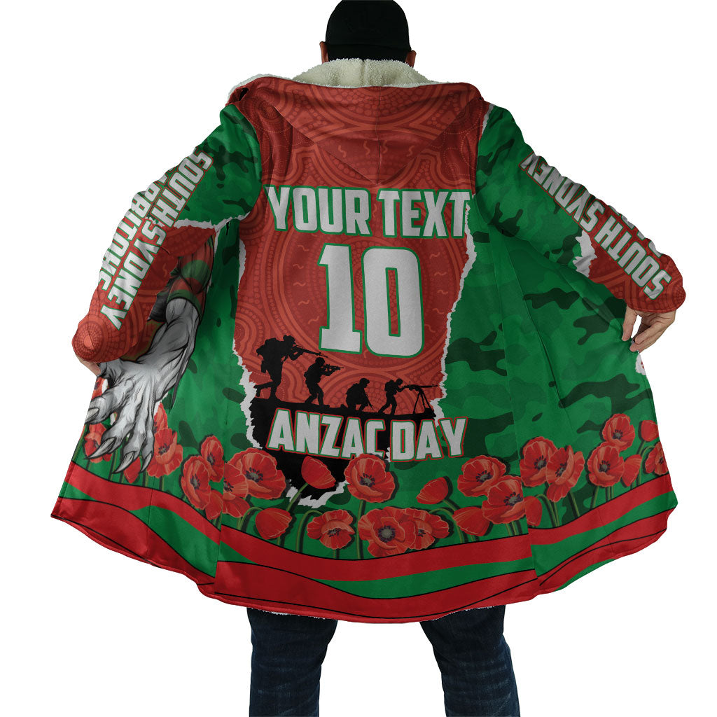 Personalized South Sydney Rabbitohs ANZAC Tribute Cloak Poppy Field Soldier Silhouette Aboriginal Rugby Mascot