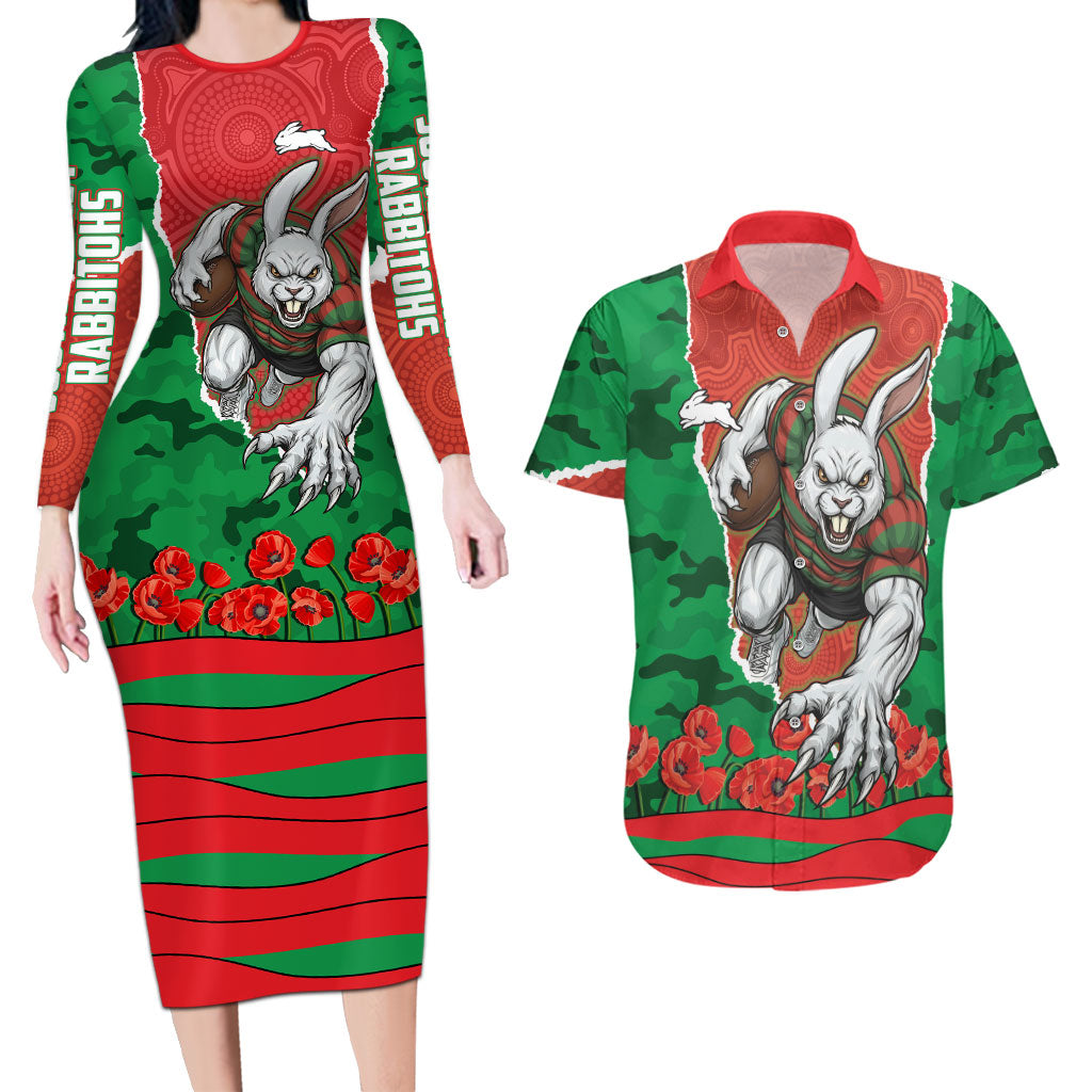 Personalized South Sydney Rabbitohs ANZAC Tribute Couples Matching Long Sleeve Bodycon Dress and Hawaiian Shirt Poppy Field Soldier Silhouette Aboriginal Rugby Mascot