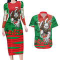 Personalized South Sydney Rabbitohs ANZAC Tribute Couples Matching Long Sleeve Bodycon Dress and Hawaiian Shirt Poppy Field Soldier Silhouette Aboriginal Rugby Mascot