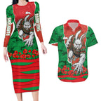Personalized South Sydney Rabbitohs ANZAC Tribute Couples Matching Long Sleeve Bodycon Dress and Hawaiian Shirt Poppy Field Soldier Silhouette Aboriginal Rugby Mascot