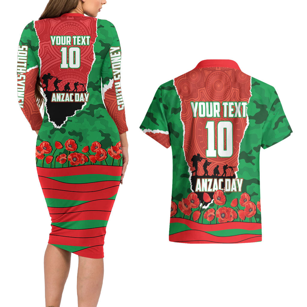 Personalized South Sydney Rabbitohs ANZAC Tribute Couples Matching Long Sleeve Bodycon Dress and Hawaiian Shirt Poppy Field Soldier Silhouette Aboriginal Rugby Mascot