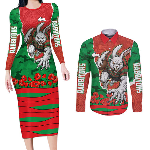 Personalized South Sydney Rabbitohs ANZAC Tribute Couples Matching Long Sleeve Bodycon Dress and Long Sleeve Button Shirt Poppy Field Soldier Silhouette Aboriginal Rugby Mascot