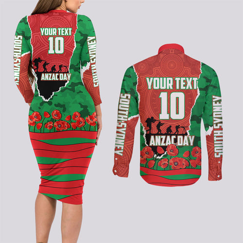 Personalized South Sydney Rabbitohs ANZAC Tribute Couples Matching Long Sleeve Bodycon Dress and Long Sleeve Button Shirt Poppy Field Soldier Silhouette Aboriginal Rugby Mascot