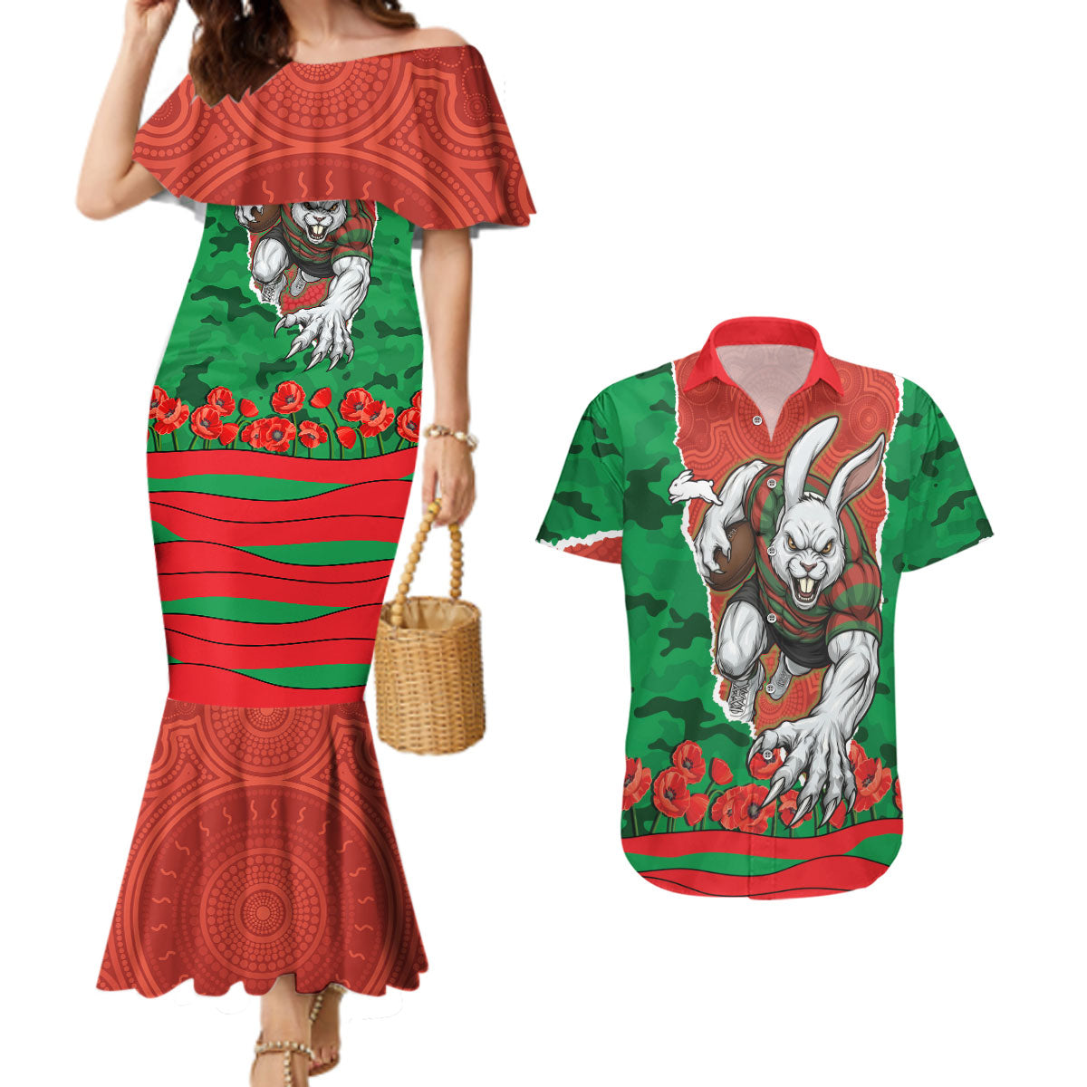 Personalized South Sydney Rabbitohs ANZAC Tribute Couples Matching Mermaid Dress and Hawaiian Shirt Poppy Field Soldier Silhouette Aboriginal Rugby Mascot