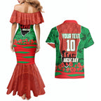 Personalized South Sydney Rabbitohs ANZAC Tribute Couples Matching Mermaid Dress and Hawaiian Shirt Poppy Field Soldier Silhouette Aboriginal Rugby Mascot