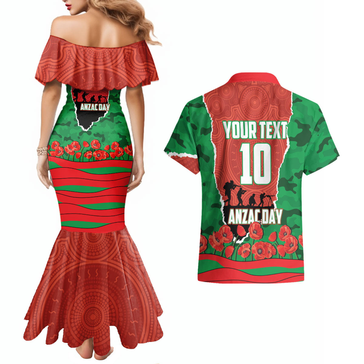 Personalized South Sydney Rabbitohs ANZAC Tribute Couples Matching Mermaid Dress and Hawaiian Shirt Poppy Field Soldier Silhouette Aboriginal Rugby Mascot