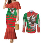 Personalized South Sydney Rabbitohs ANZAC Tribute Couples Matching Mermaid Dress and Long Sleeve Button Shirt Poppy Field Soldier Silhouette Aboriginal Rugby Mascot